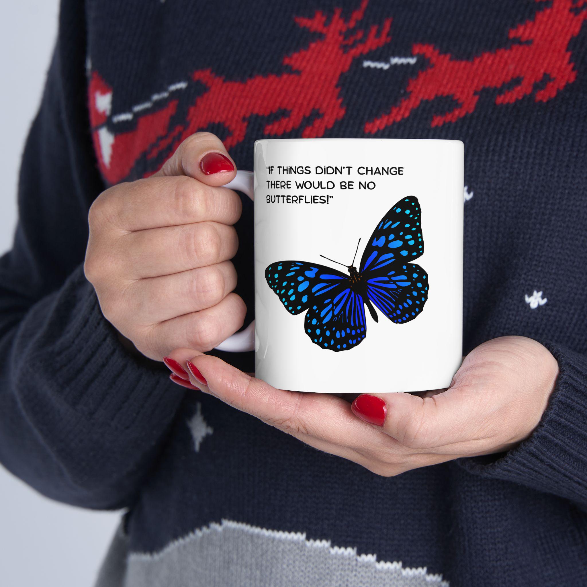 Blue Speckled Butterfly Mug | Ceramic Coffee Cup, Inspirational Quote