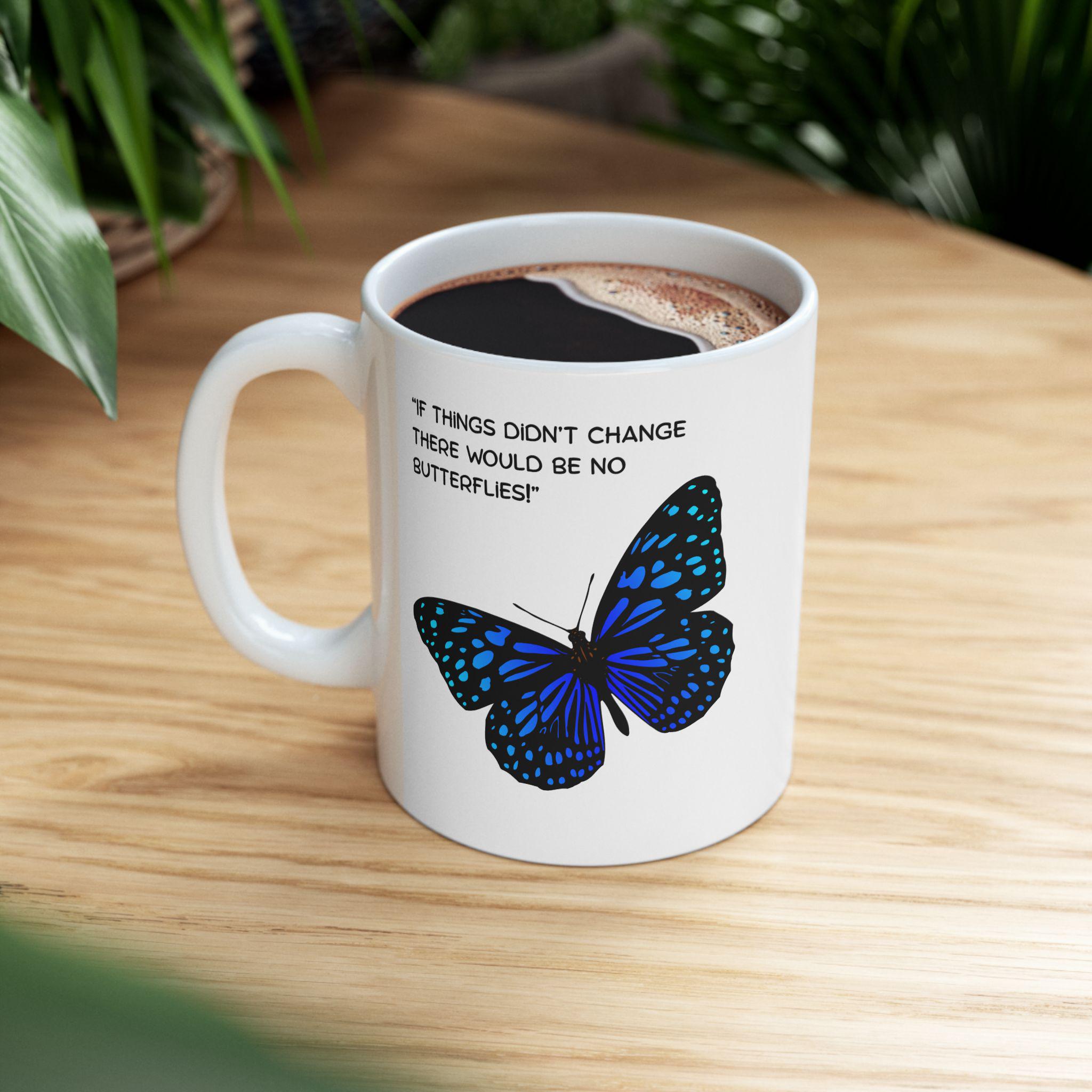 Blue Speckled Butterfly Mug | Ceramic Coffee Cup, Inspirational Quote