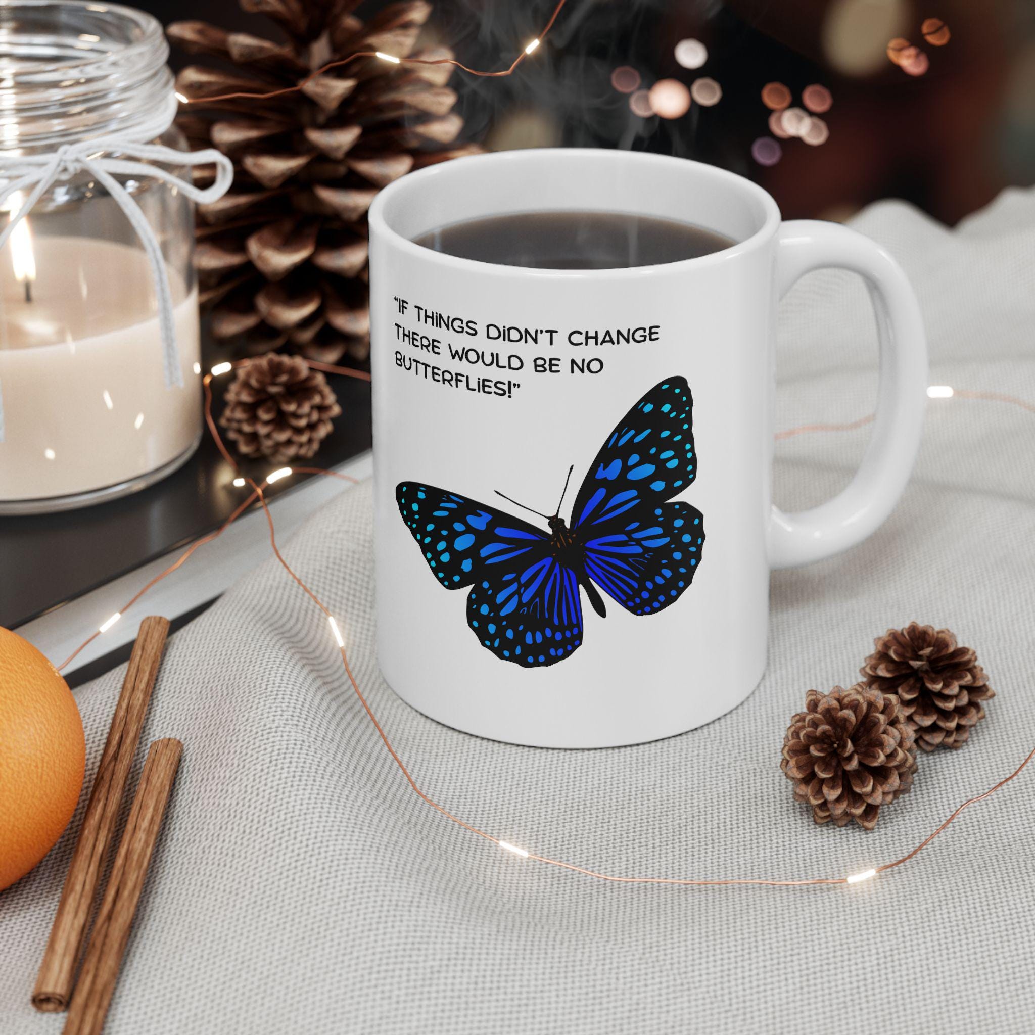 Blue Speckled Butterfly Mug | Ceramic Coffee Cup, Inspirational Quote