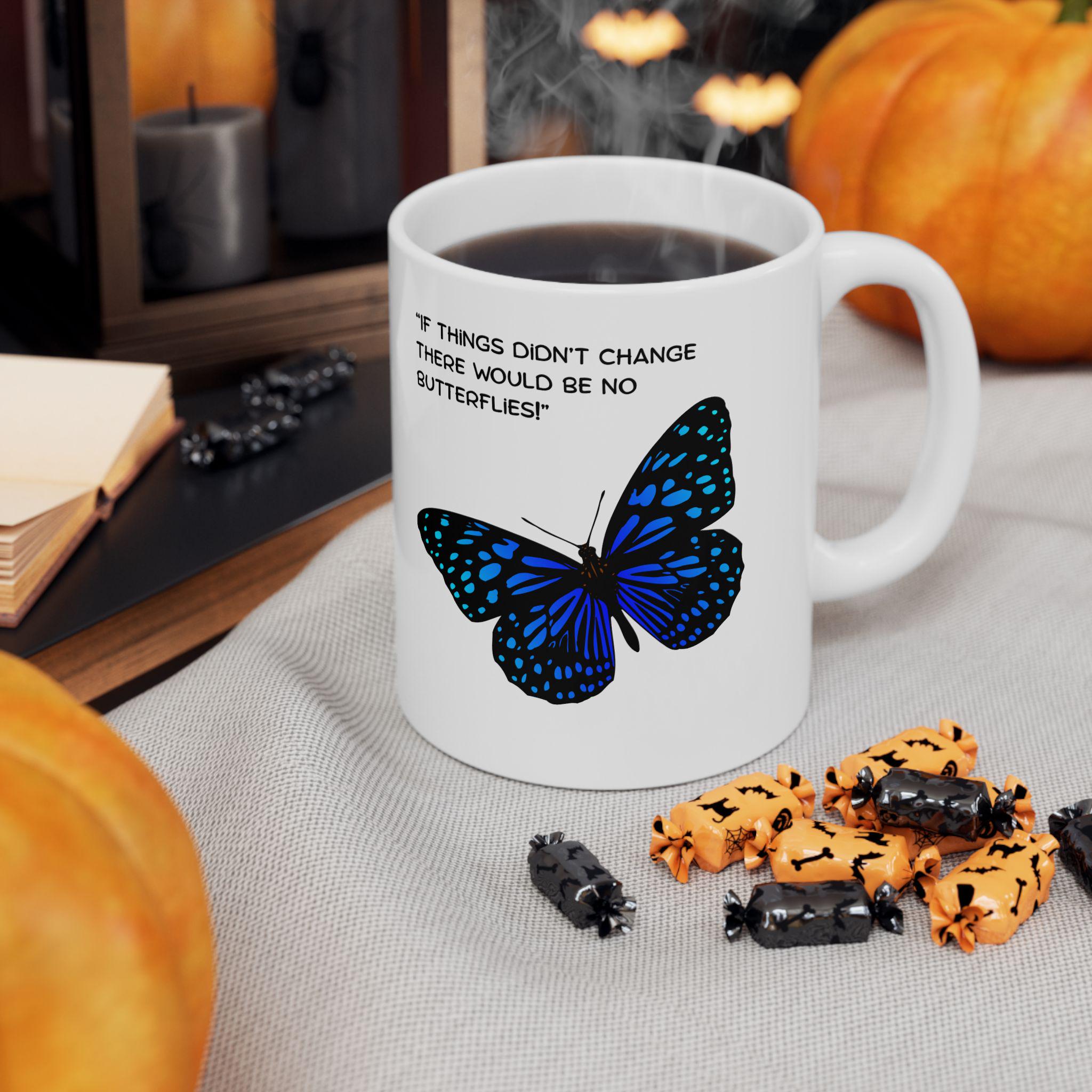 Blue Speckled Butterfly Mug | Ceramic Coffee Cup, Inspirational Quote