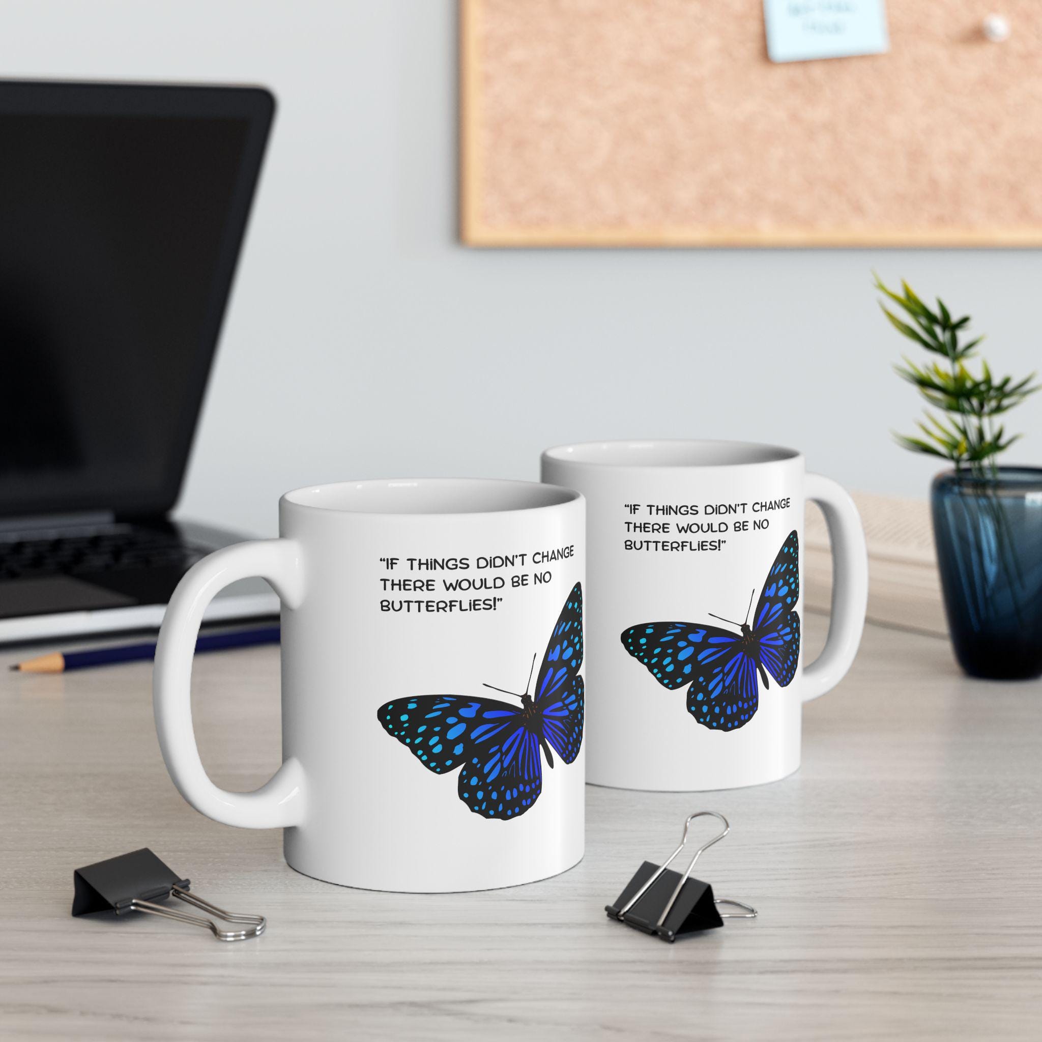 Blue Speckled Butterfly Mug | Ceramic Coffee Cup, Inspirational Quote