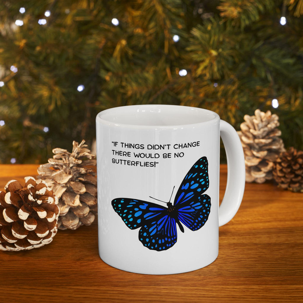 Blue Speckled Butterfly Mug | Ceramic Coffee Cup, Inspirational Quote