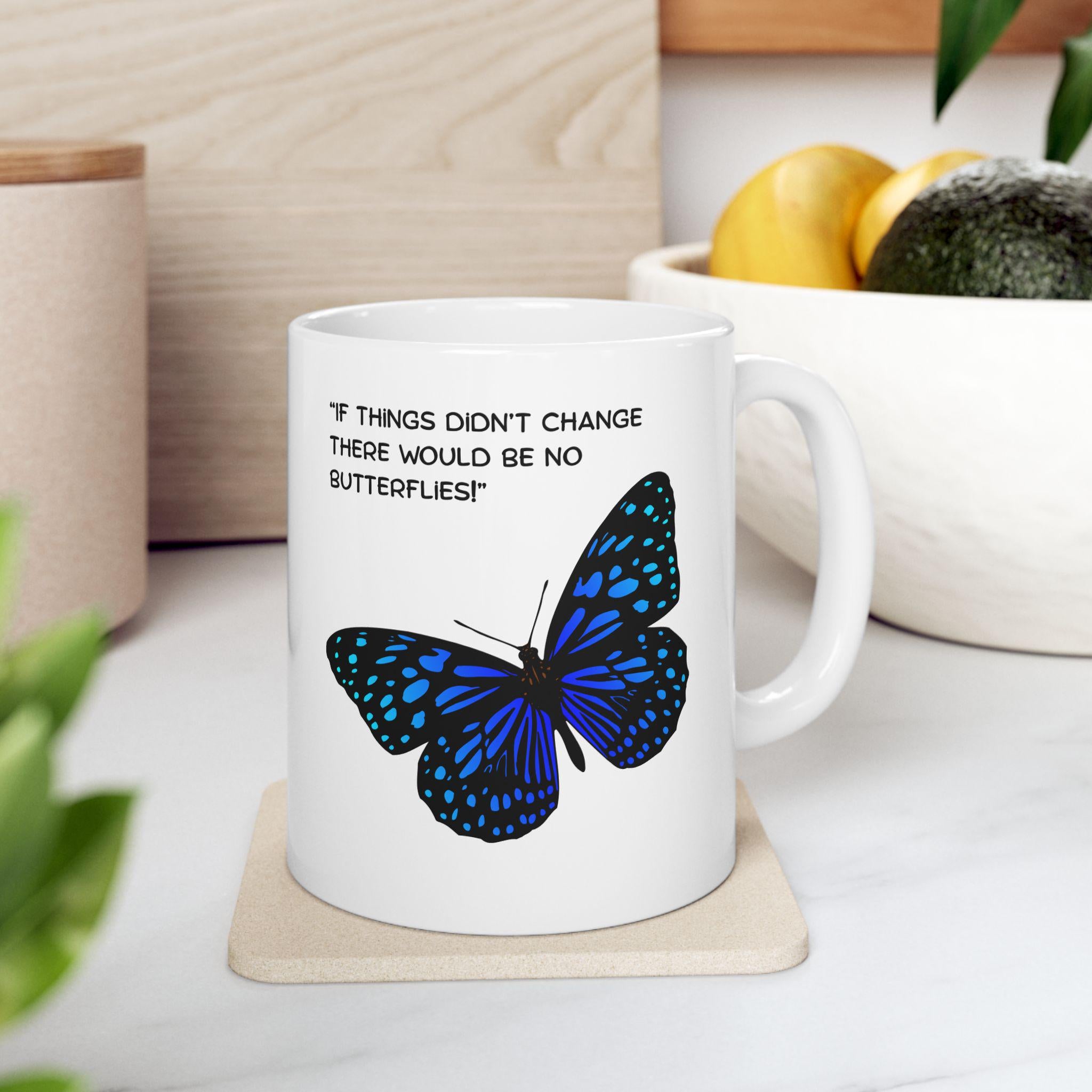 Blue Speckled Butterfly Mug | Ceramic Coffee Cup, Inspirational Quote